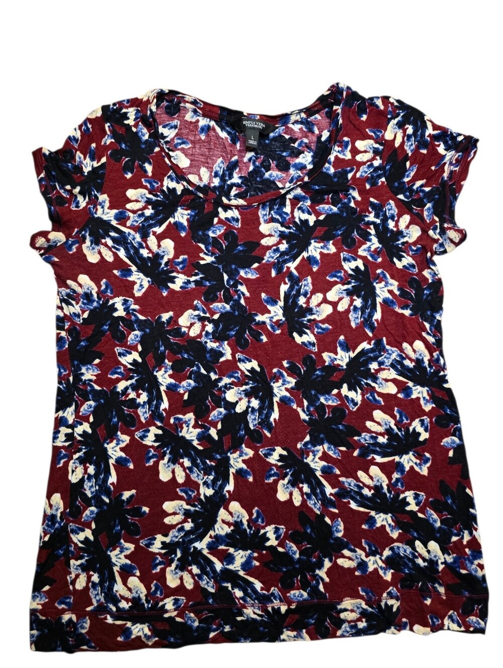 Simply Vera Burgundy Floral Short Sleeve Tee with Navy & Cream Accents